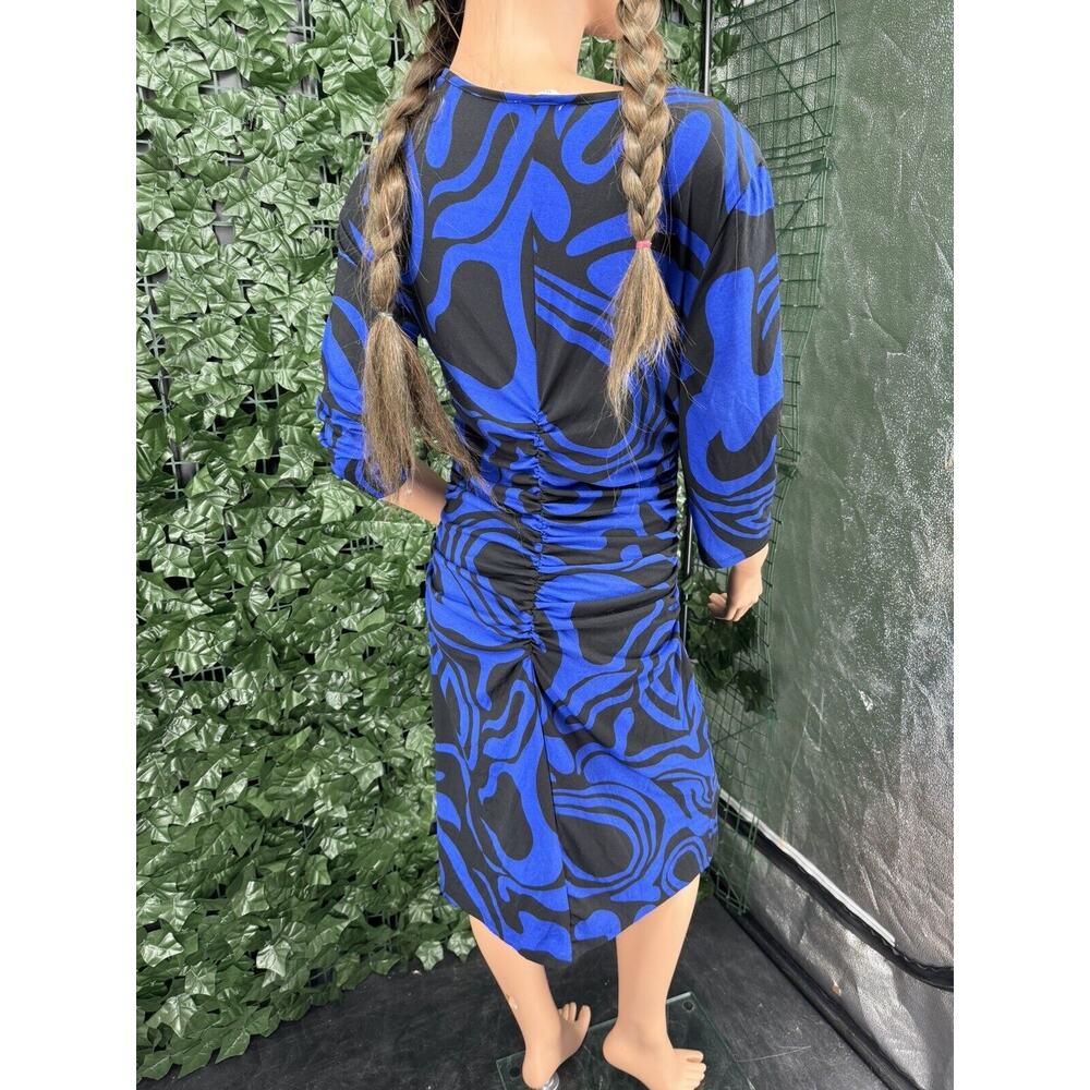 MILANO Royal BLUE & BLACK ABSTRACT LONG SLEEVE DRESS SZ M - Picture 7 of 11